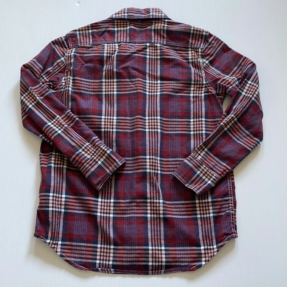 Gap kids burgundy, navy and white plaid button down, cotton shirt.  Boy’s medium